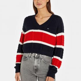 Maglione Tommy Jeans Pullover Crop A Righe Con Scollatura A V da donna rif. DW0DW15941